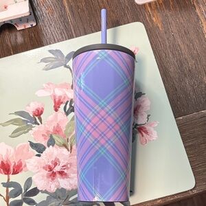 Corkcicle Purple Plaid Insulated Tumbler with Straw 30 oz